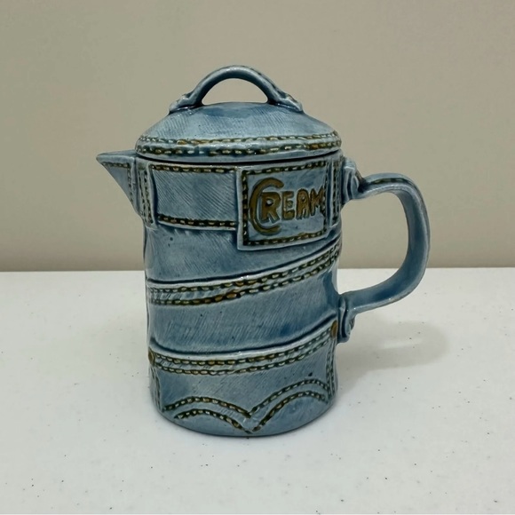 Vintage 1978 Ceramic Denim Blue Jean Creamer & Sugar Bowl w Lids Handmade RARE - Picture 4 of 12